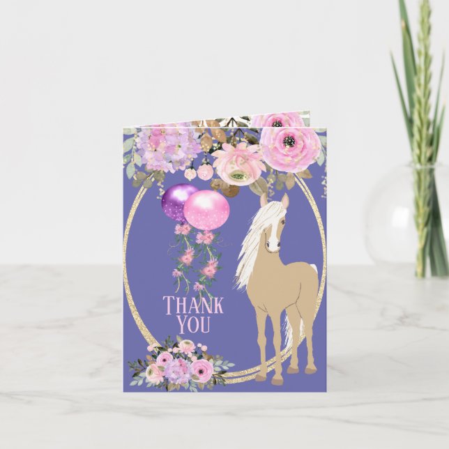 Carte De Remerciements Joli Cheval avec Fleurs Rose et Périwinkle (Devant)