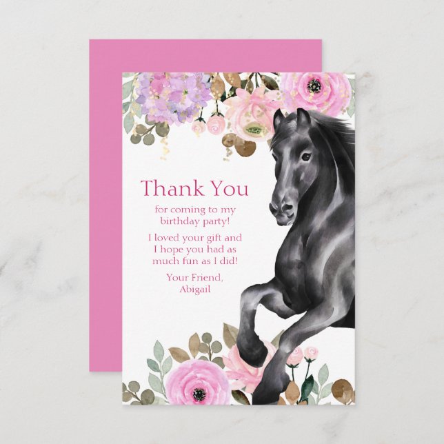 Carte De Remerciements Joli Cheval Noir avec Fleurs Roses Anniversaire (Devant / Derrière)