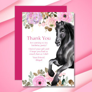 Carte De Remerciements Joli Cheval Noir avec Fleurs Roses Anniversaire