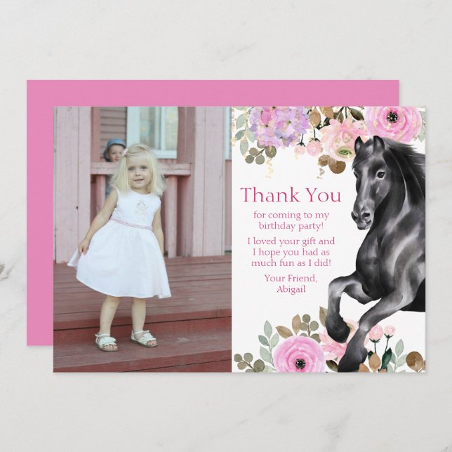 Carte De Remerciements Joli Cheval noir et Fleurs roses Photo Anniversair (Devant / Derrière)