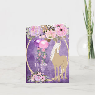Carte De Remerciements Joli cheval Palomino fleurs roses et violettes
