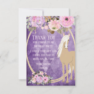 Carte De Remerciements Joli cheval Palomino rose et violet Fleurs