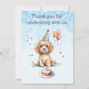 Carte De Remerciements Joli chiot avec chapeau de fête d'anniversaire