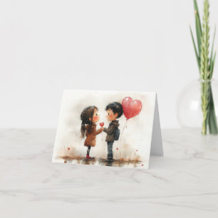 Carte De Remerciements Joli Couple Aquarelle Ballon en Forme de Coeur Amo
