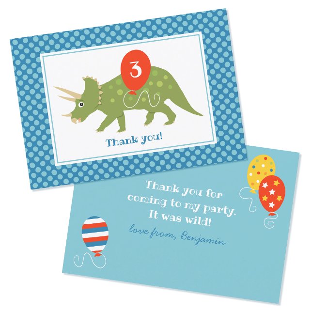 Carte De Remerciements Joli Dinosaure d'anniversaire Triceratops Bleu Per (Créateur téléchargé)