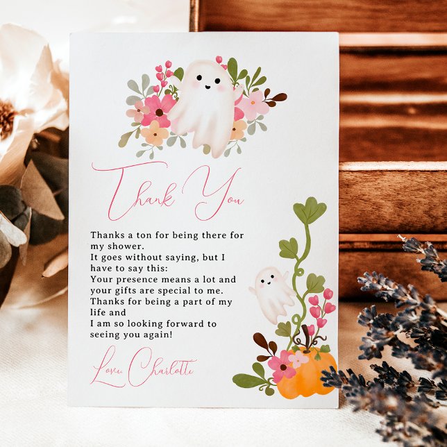 Carte De Remerciements Joli fantôme floral citrouille petit baby shower d (Cute floral ghost pumpkin little boo baby shower thank you card)