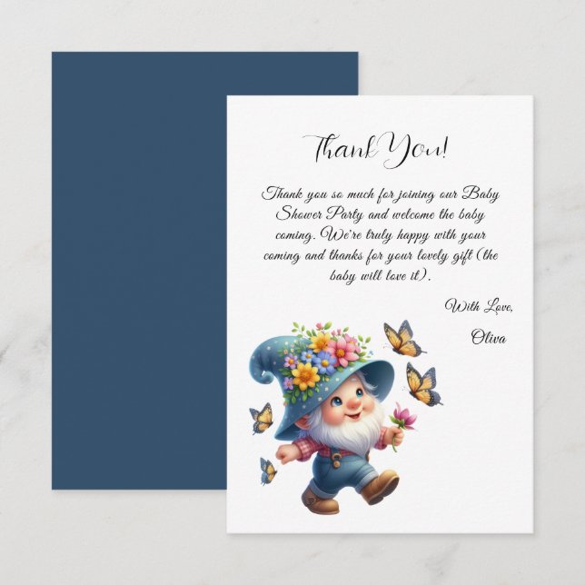 Carte De Remerciements Joli Gnome Avec Baby shower Papillon (Devant / Derrière)