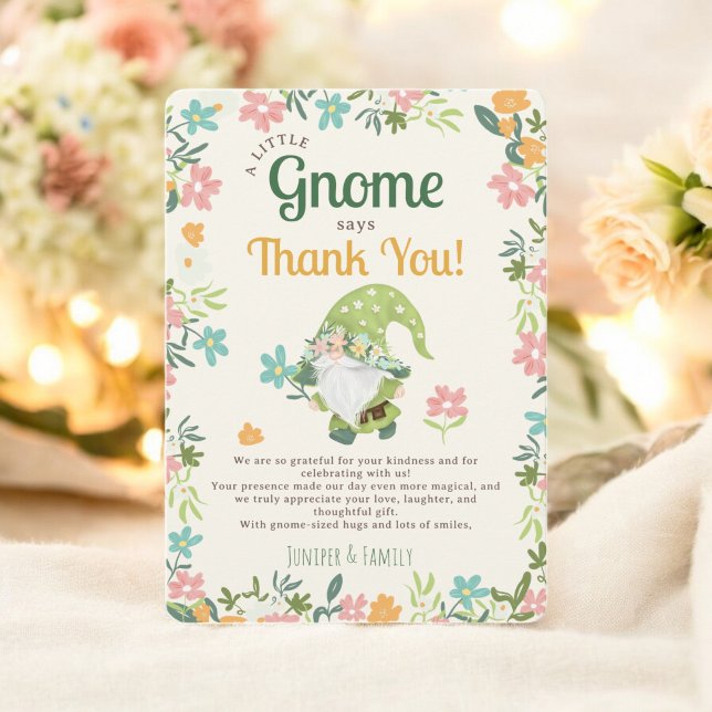 Carte De Remerciements Joli Gnome Floral Fantaisiste et Amusant pour une  (Cute Fun Whimsical Floral Gnome First Birthday Thank You Card)