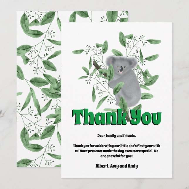 Carte De Remerciements Joli Koala Ours Grimpeur d'un Eucalyptus (Devant / Derrière)