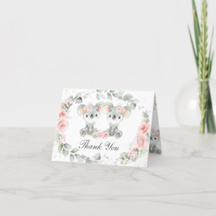 Carte De Remerciements Joli Koalas Rose Floral Twin Girls Baby shower
