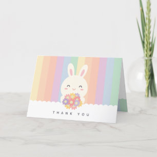 Carte De Remerciements Joli Lapin avec Fleurs Arc-en-Ciel