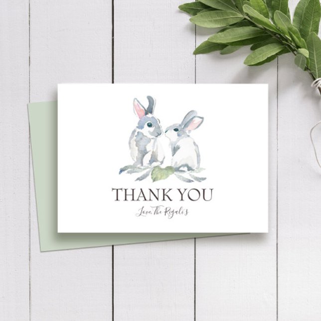 Carte De Remerciements Joli lapin d'aquarelle peint et Feuilles verts (Bunny thank you cards unique watercolor rabbit art by Victoria Grigaliunas of Do Tell A Belle Zazzle)