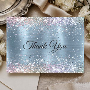 Carte De Remerciements Joli monogramme iridescent bleu glace faux paillet