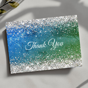 Carte De Remerciements Joli monogramme pailleté faux or bleu vert