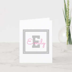 Carte De Remerciements Joli nom encadré & monogramme   Gris clair & Rose