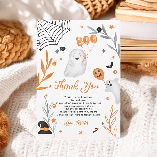 Carte De Remerciements Joli petit baby shower orange Boo Halloween (Cute little Boo Halloween orange baby shower Thank You Card)
