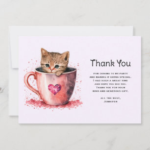 Carte De Remerciements Joli petit chaton dans une tasse à thé avec des cœ