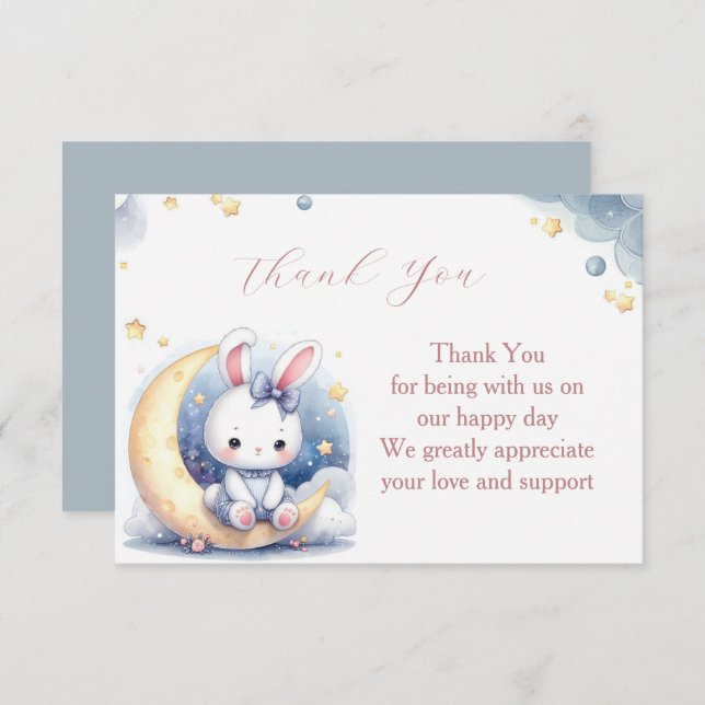 Carte De Remerciements Joli petit lapin blanc assis sur la lune (Devant / Derrière)