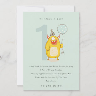 Carte De Remerciements Joli petit monstre aqua jaune pour tout âge d'anni