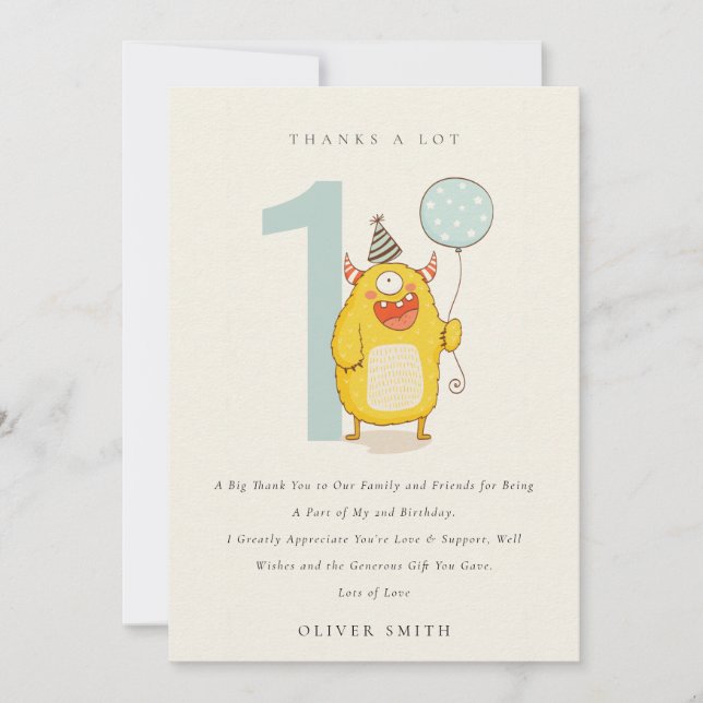 Carte De Remerciements Joli petit monstre aqua jaune pour tout âge d'anni (Devant)