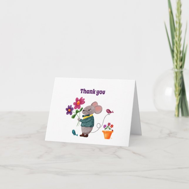 Carte De Remerciements Joli Petit Souris avec des Fleurs (Devant)