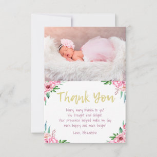 Carte De Remerciements Joli Pink Gold Floral Photo Anniversaire