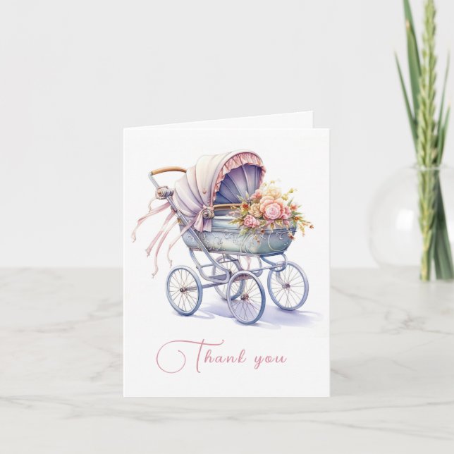 Carte De Remerciements Joli Pram avec Fleurs (Devant)