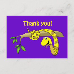 Carte De Remerciements Joli serpent jaune de dessin animé dans un arbre r