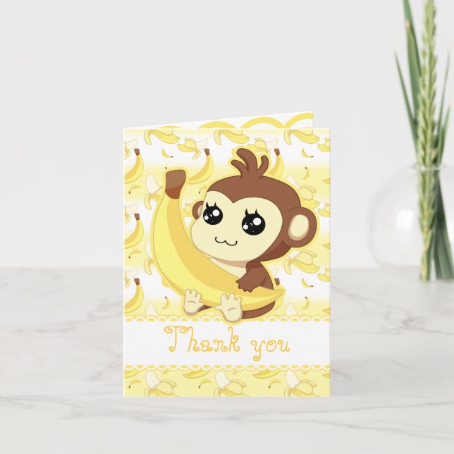 Carte De Remerciements Joli singe kawaii tenant une banane d'anniversaire (Devant)