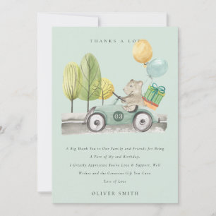 Carte De Remerciements Joli Teddy Car Aqua Vert Anniversaire Tout Âge