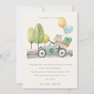 Carte De Remerciements Joli Teddy Car Aqua Vert pour Anniversaire Tout Âg