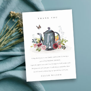Carte De Remerciements Joli Théière Fleurs Roses Joyeuses Lavage De Marié