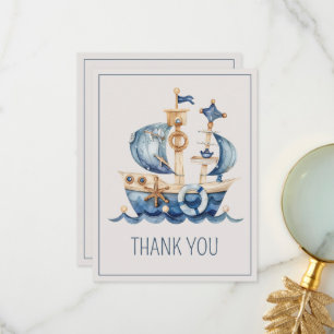 Carte De Remerciements Jolie Baby Shower Thème Marin Bateau Aquarelle Ble