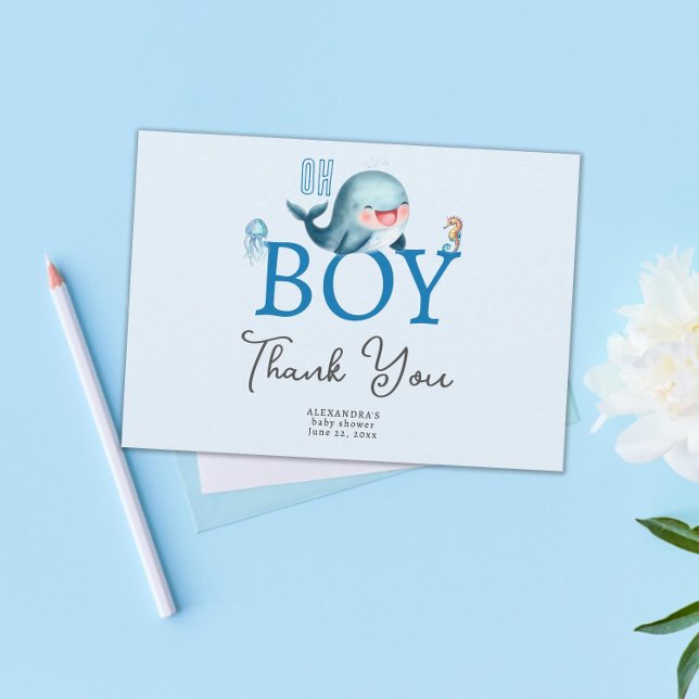 Carte De Remerciements Jolie baleine sous le Baby shower Sea Boy (oh boy cute whale under the sea baby shower thank you card watercolor ocean beach)