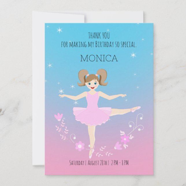 Carte De Remerciements Jolie Ballerine Fête d'anniversaire fille (Devant)