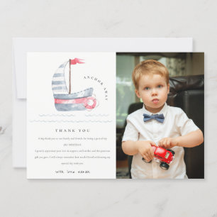 Carte De Remerciements Jolie Bateau à Voile Rouge Bleu Enfant Photo Anniv