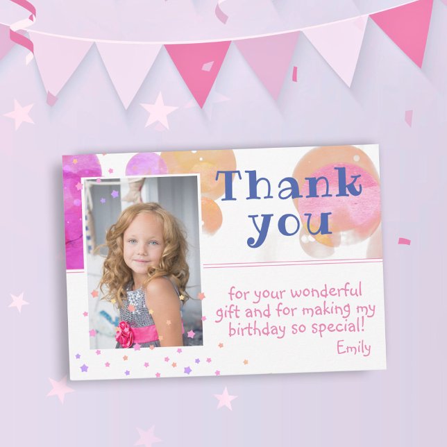 Carte De Remerciements Jolie Bubbles Rose Girl Photo Anniversaire (Créateur téléchargé)