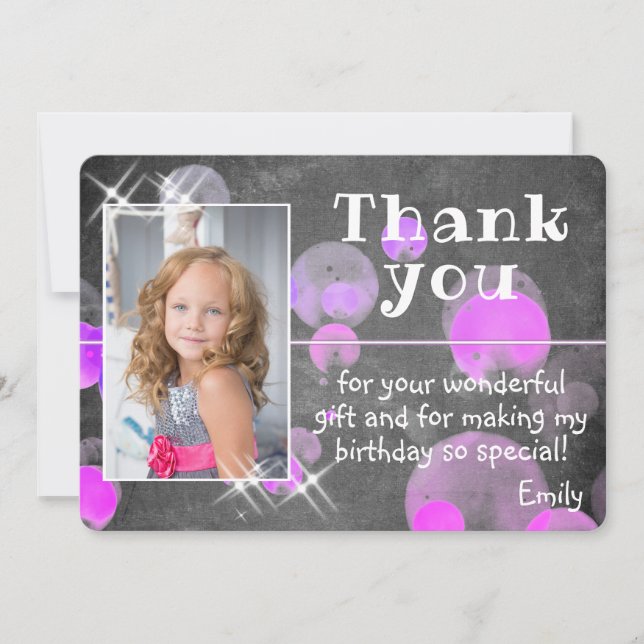 Carte De Remerciements Jolie Bubbles violets Chalkboard Girl Photo (Devant)