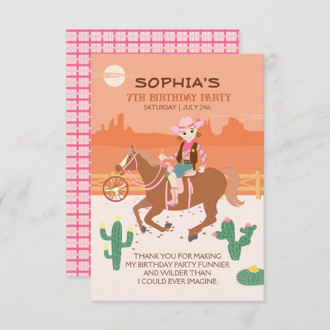 Carte De Remerciements Jolie Cowgirl et cheval fête d'anniversaire (Devant / Derrière)