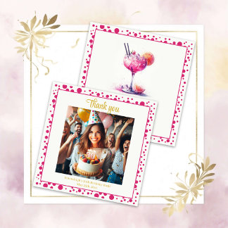 Carte De Remerciements Jolie en Rose Cocktail Anniversaire Remerciements