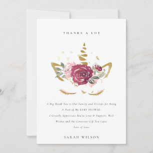 Carte De Remerciements Jolie Fausse Licorne Florale Rose Doré Baby Shower