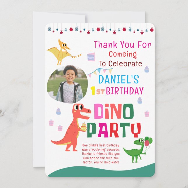 Carte De Remerciements Jolie Fête d'anniversaire de dinosaure dino modern (Devant)
