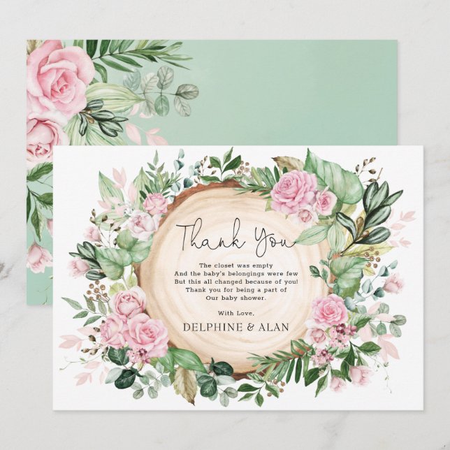 Carte De Remerciements Jolie Fête de Bébé aux Fleurs Roses de Jardin (Devant / Derrière)