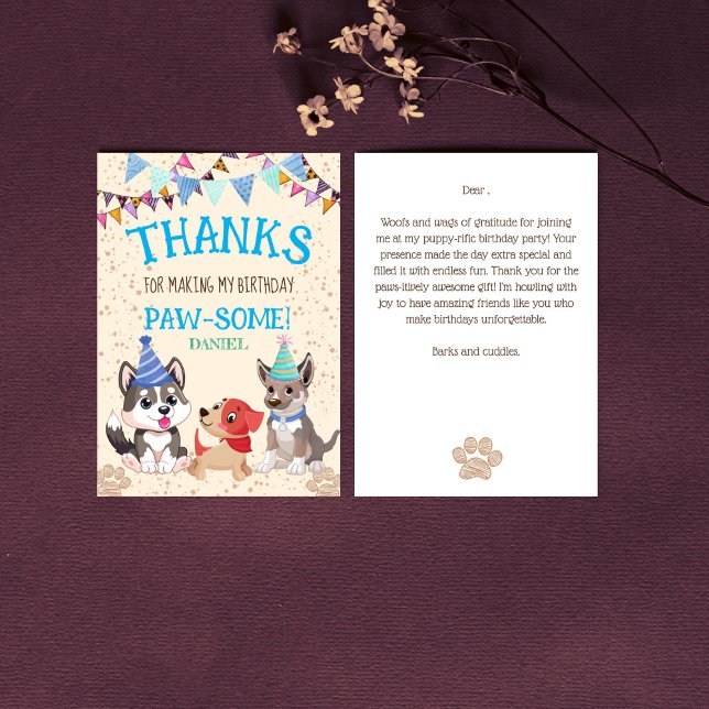 Carte De Remerciements Jolie fête du chiot des chiots (Cute puppies puppy party let's paw-ty thank you card birthday thank you card blue for boys)