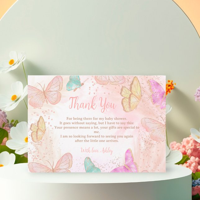 Carte De Remerciements Jolie fille rose un petit papillon baby shower chi (Créateur téléchargé)