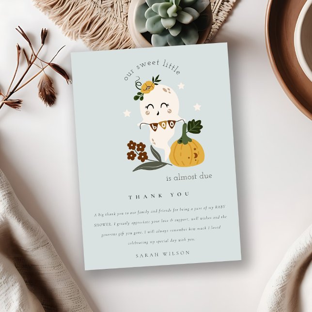 Carte De Remerciements Jolie Halloween Fantôme Bleu Fête Prénatale de Béb (Créateur téléchargé)