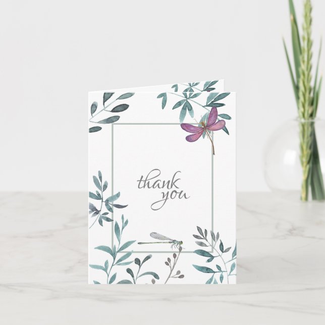 Carte De Remerciements Jolie libellule aquarelle, verdure de jardin, blan (Devant)