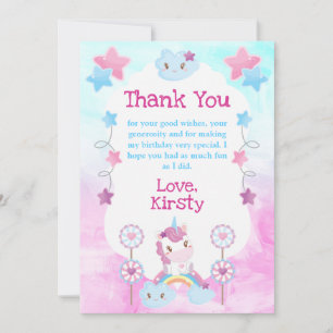 Carte De Remerciements Jolie Licorne de Rêve Arc-en-Ciel Nuage Fête d'Ann