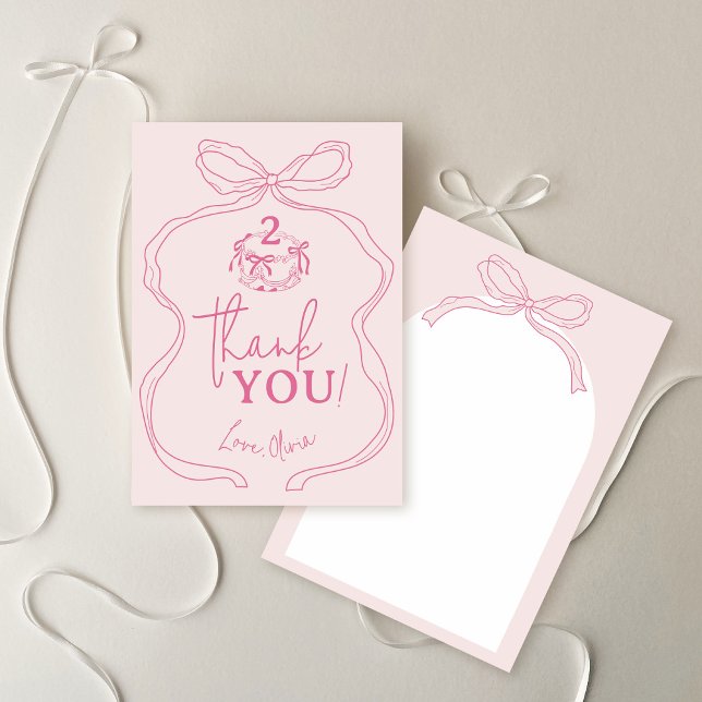 Carte De Remerciements Jolie main moderne tiré Bow rose fille Anniversair (Cute modern hand drawn pink whimsical girly girl coquette bow cake birthday party thank you card)