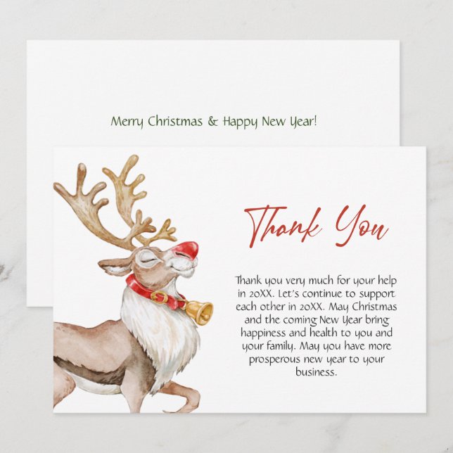 Carte De Remerciements Jolie Noël Cartoon Reindeer Salutation vacances (Devant / Derrière)